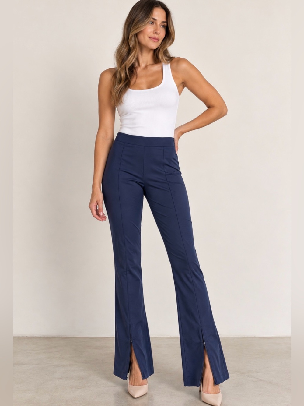 Maggie Marilyn Navy Stretch Pants Ankle Zip Slim Flare XL